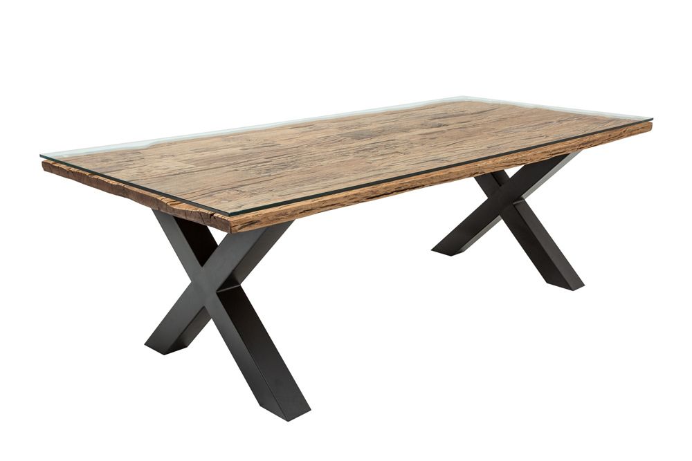 Massivholz Esstisch BARRACUDA 220cm natur Teak schwarz Metall X-Gestell inkl. Glasplatte
