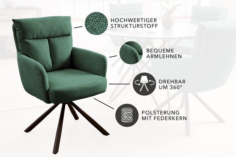 Drehbarer Retro Stuhl BIG GEORGE grün mit Armlehnen und Taschenfederkernpolsterung