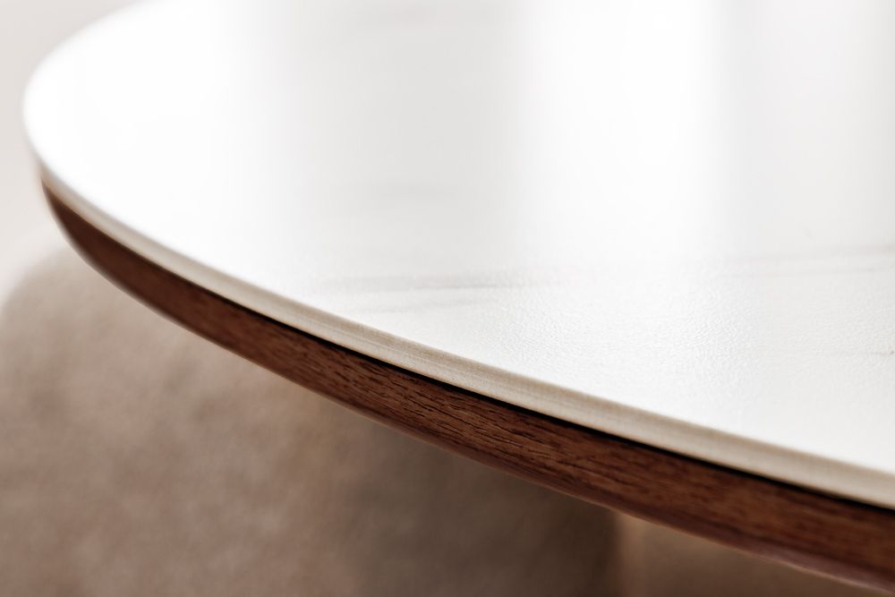 Runder Esstisch UNIQUE 120cm weiß braun Walnussholz Keramik Marmor Säulenfuß