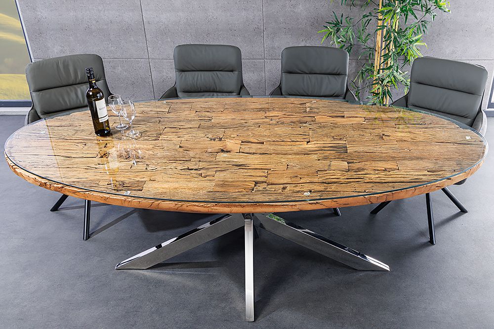 Massiver Esstisch BARRACUDA 220cm braun Teakholz silber Sterngestell Glasplatte