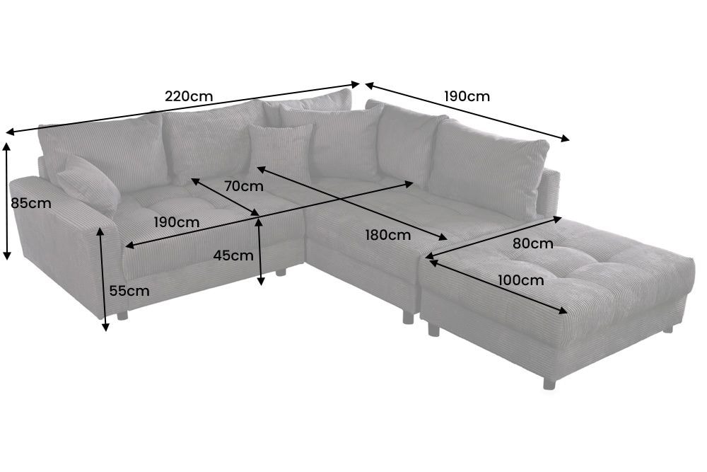 Modernes Ecksofa KENT 220cm grün Cord inkl. Hocker Federkern L-Form Wohnlandschaft