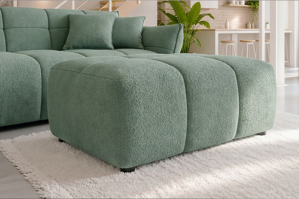 Moderner Hocker CLOUD 100cm salbei Bouclé Federkern Fußhocker Sitzhocker