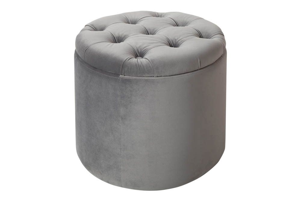 Eleganter Hocker MODERN BAROCK 50cm silbergrau Samt Aufbewahrungkorb