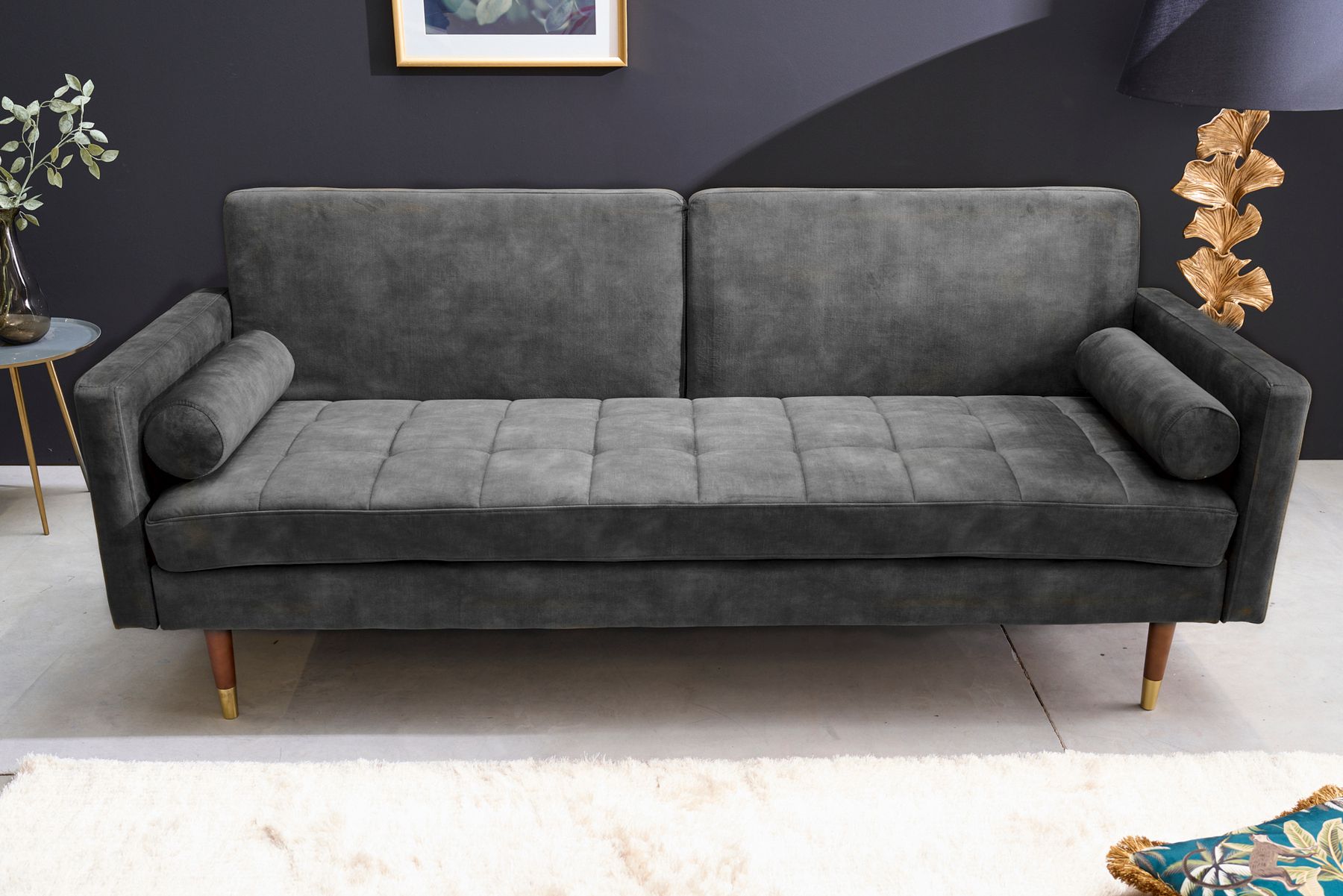 Modernes Schlafsofa COUTURE 200cm grau Microvelours 3-Sitzer Couch mit Schlaffunktion
