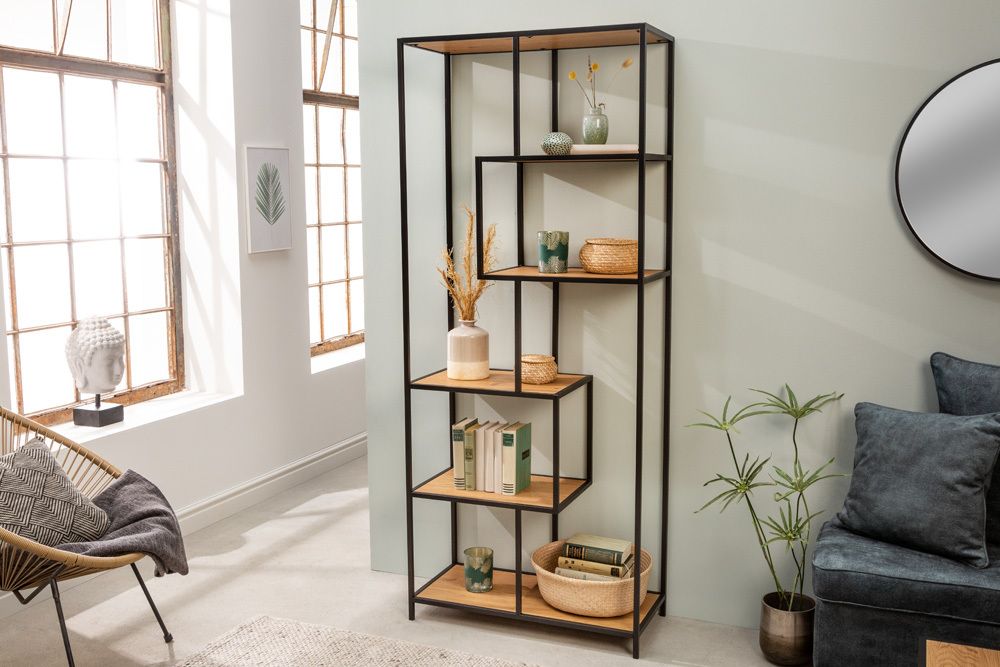Industrial Bücherregal SLIM LINE 185cm Wildeiche schwarz sechs Regalböden