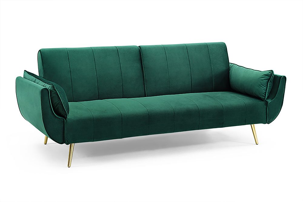 Retro Schlafsofa DIVANI 220cm smaragdgrün Samt goldene Metallfüße 3-Sitzer mit Bettfunktion