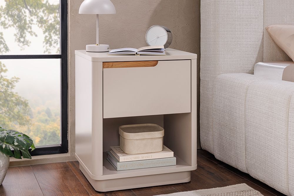 Design Nachtschrank LIV 55cm cashmere weiß mit Schublade und offenem Fach