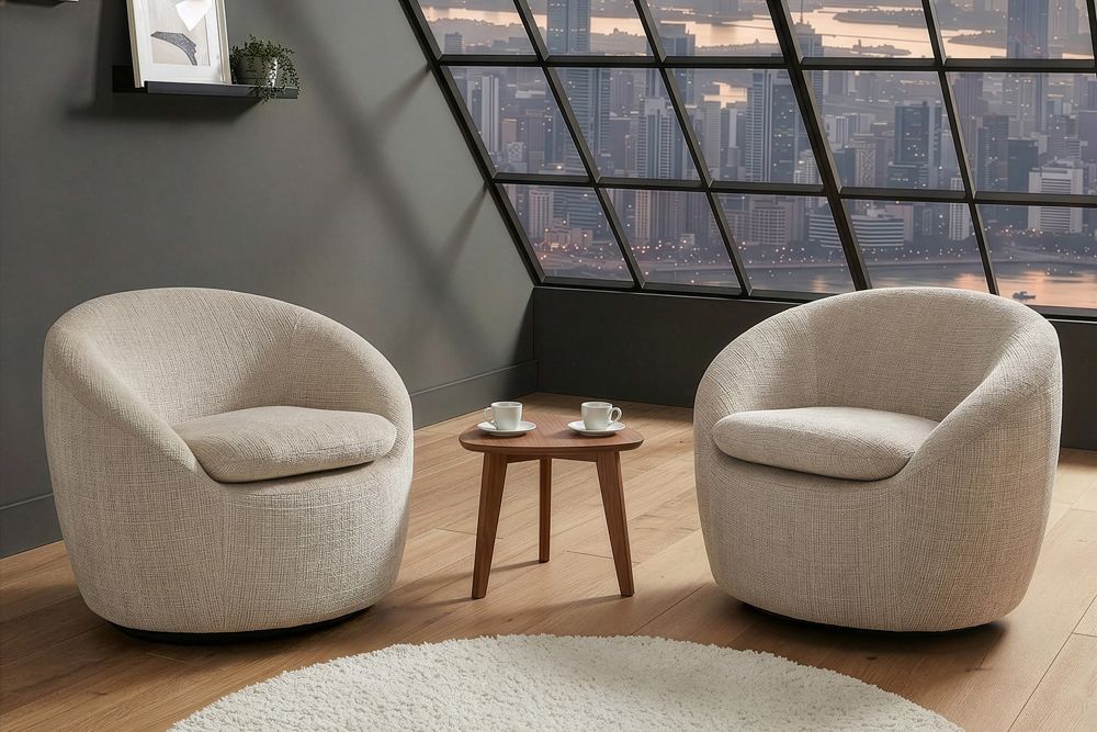 Drehbarer Design Sessel ALPINE beige Chenille Cremona 360° mit Armlehnen