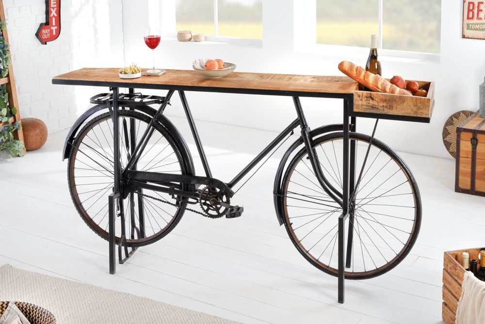 Retro Konsolentisch BICYCLE 195cm Mangoholz Fahrrad Bartisch Upcycling