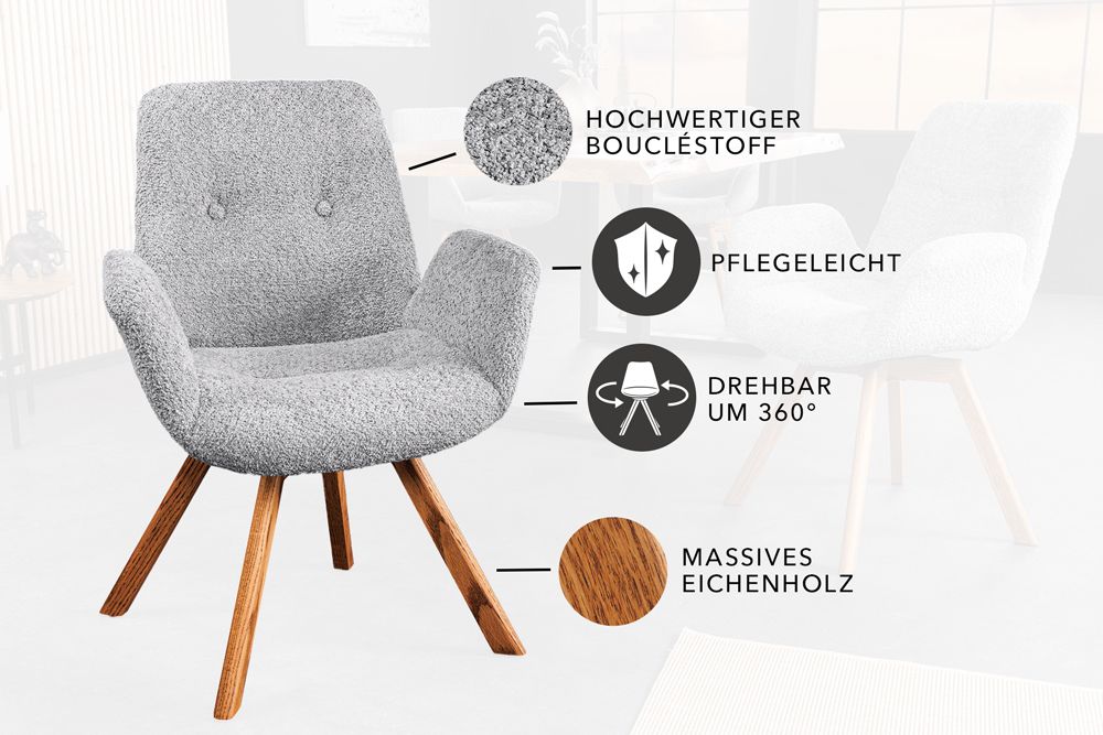 Drehbarer Design Stuhl BALTIC grau Bouclé natur Eiche Massivholz-Beine mit Armlehne