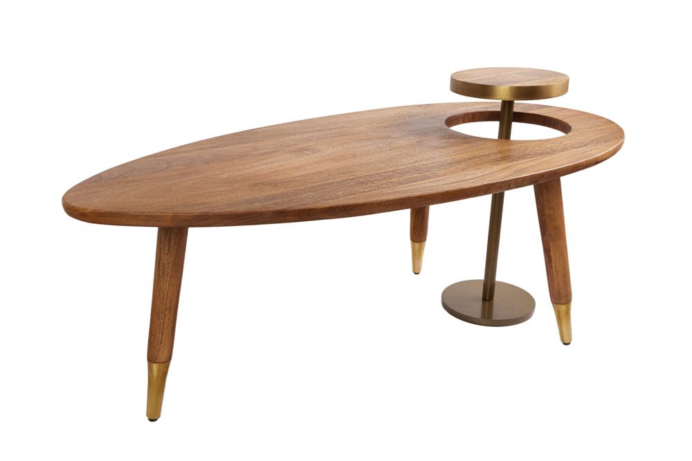 Massivholz Couchtisch GATSBY 110cm braun gold Mango oval rund Beistelltisch 2er Set Retro Design