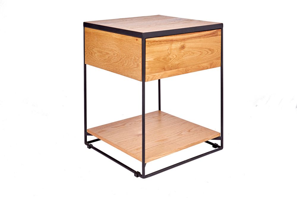 Moderner Beistelltisch SCORPION 50cm Wildeichen-Design Metall Nachttisch mit Schublade