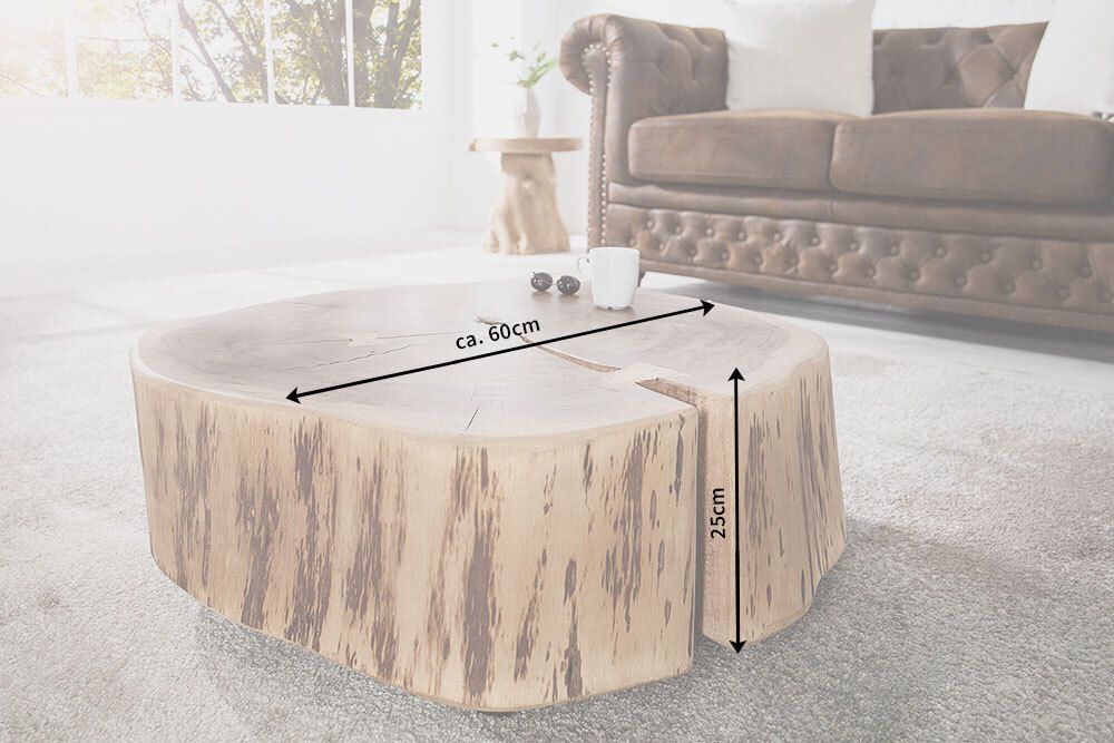 Baumstamm Couchtisch GOA 60cm natur Akazie Massivholz rund mit Rollen Unikat