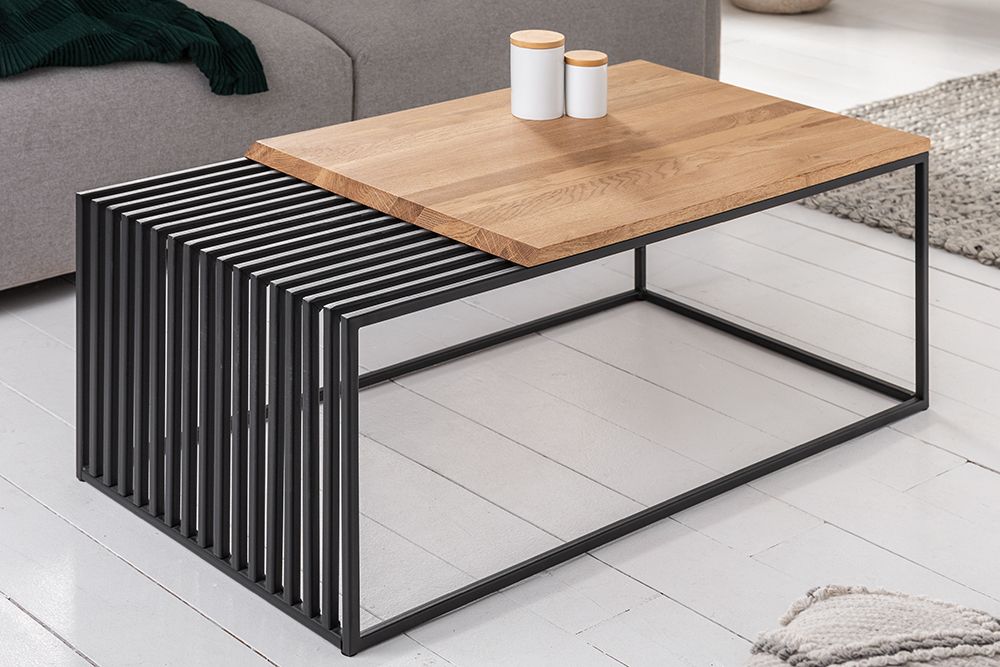 Massivholz Couchtisch ARCHITECTURE 100cm Eiche geölt schwarzes Metallgestell