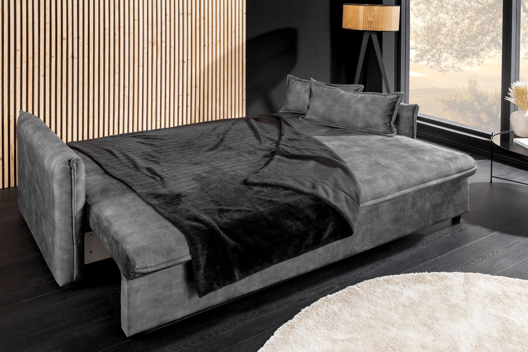 XXL Sofa mit Schlaffunktion APARTMENT grau Samt inkl. Bettkasten und Kissen