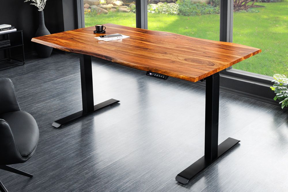 Höhenverstellbarer Schreibtisch MAMMUT 140cm braun Sheesham Massivholz stone finish