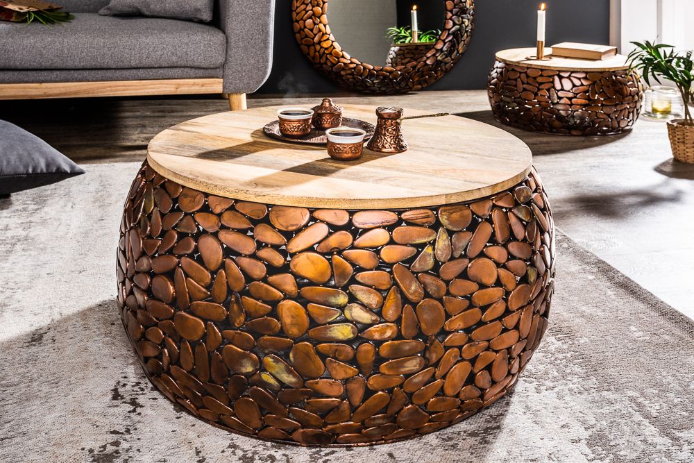 2er Set Runde Couchtische STONE MOSAIC 65cm kupfer Mangoholz Metall Mosaik Design handmade