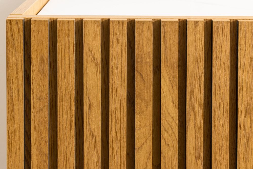 Design Lowboard VICENZA 180cm weiß Keramik natur Eiche Lamellenfront