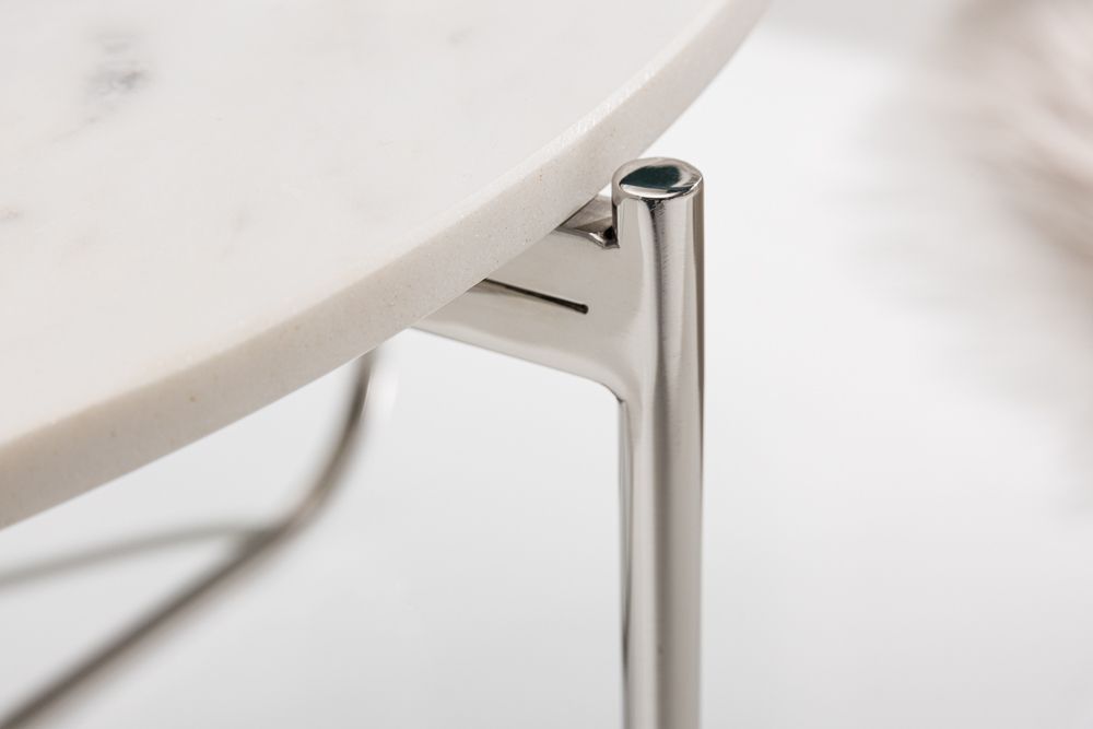 Runder Couchtisch NOBLE 65cm weiß Marmor abnehmbare Tischplatte klappbar silber Metall