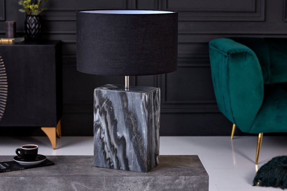 Design Tischlampe NOBLE 55cm schwarz Marmorfuß Stoffschirm