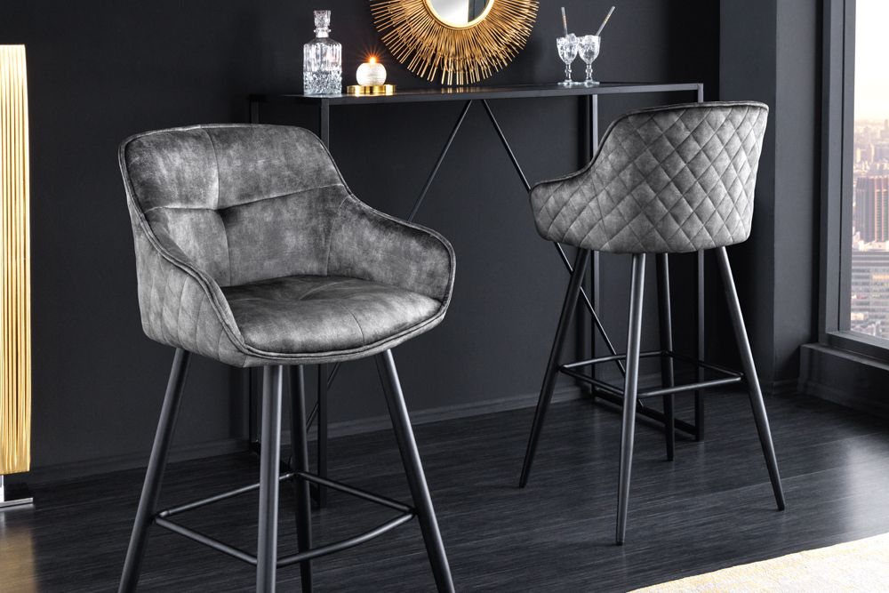 Design Barhocker EUPHORIA grau Samt schwarze Metallbeine Barstuhl mit Lehne
