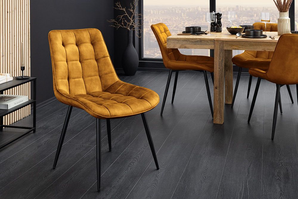 Design Stuhl ROADSTAR senfgelb Samt schwarze Metallbeine