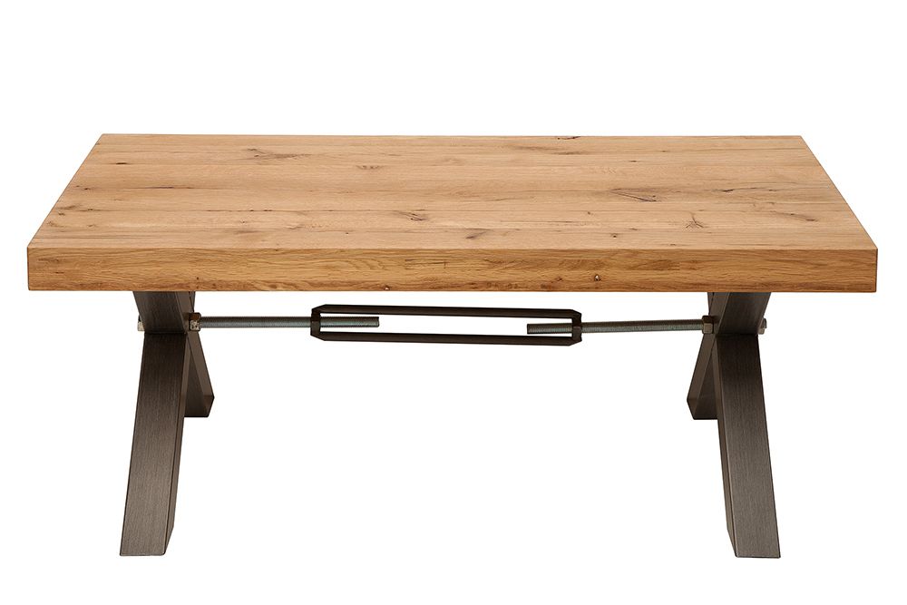 Massivholz Couchtisch THOR 110cm Wildeiche geölt X-Gestell Metall anthrazit Industrial Design
