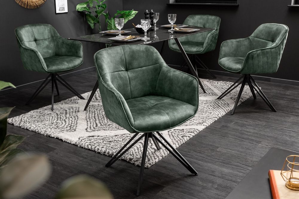 Drehbarer Design Stuhl EUPHORIA dunkelgrün Samt mit Armlehne Metallgestell schwarz