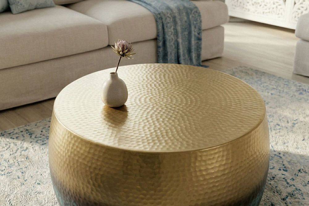 Runder Couchtisch ORIENT III 60cm gold Metall mit Patina Hammerschlag Design handmade