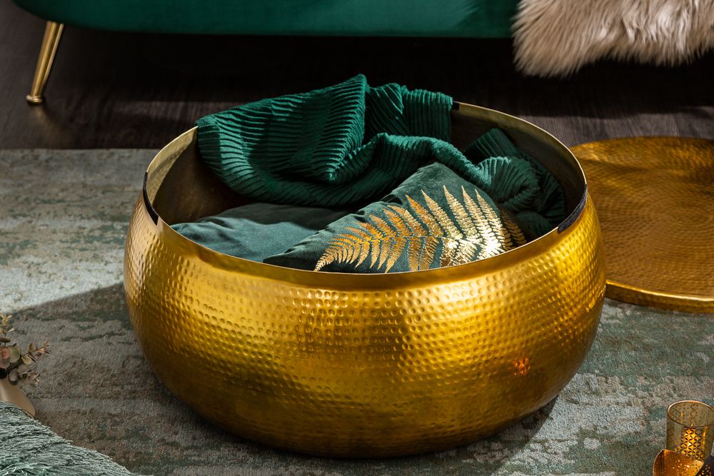 Runder Couchtisch ORIENT STORAGE 70cm gold Metall mit Stauraum Hammerschlag Design handmade