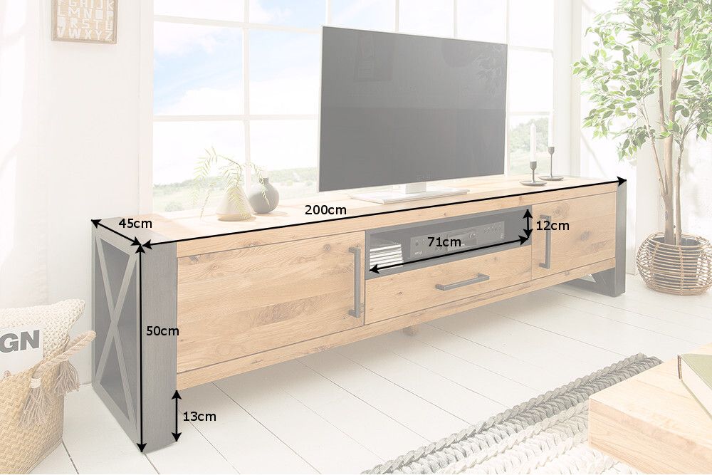Massives TV-Board THOR 200cm Wild Eiche geölt Lowboard im Industrial Design