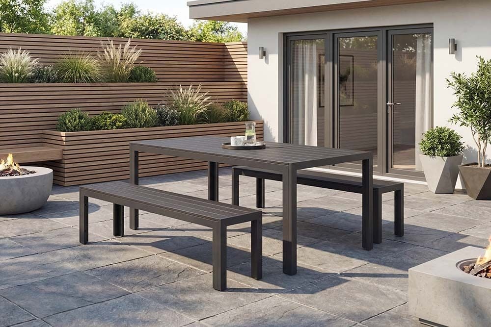 Moderne Gartenbank DESIGNO 180cm anthrazit schwarz Aluminium wetterfest Outdoor Sitzbank