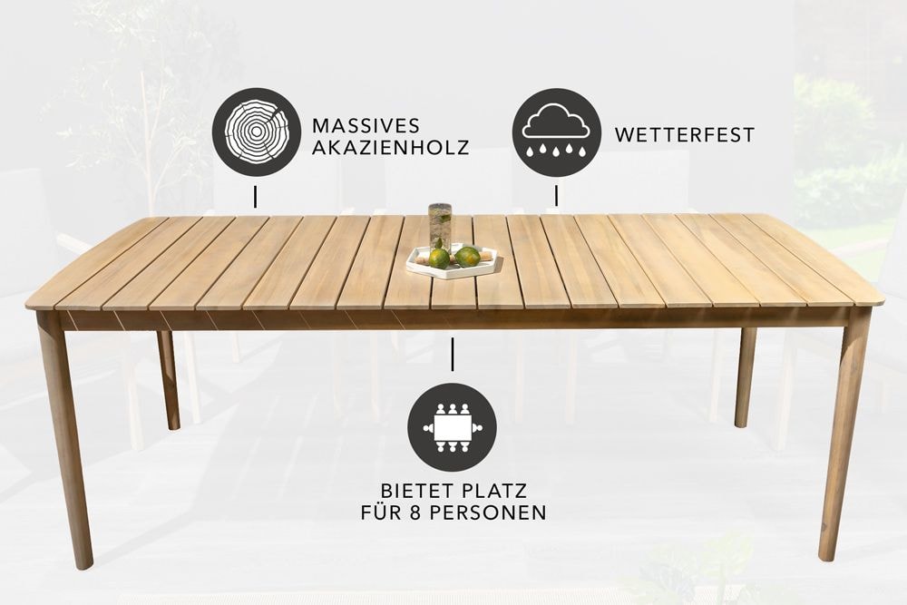 Wetterfester Gartentisch KOPENHAGEN 220cm natur Akazie Massivholz In- und Outdoor