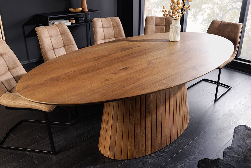 Ovaler Esstisch ART DECO 220cm braun smoked massives Mangoholz mit Säulenfuß