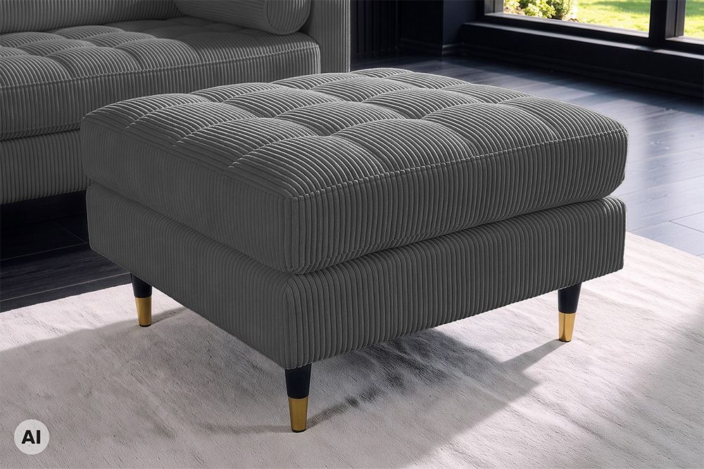 Design Hocker COZY VELVET 80cm grau Cord schwarz mit goldener Metallkappe