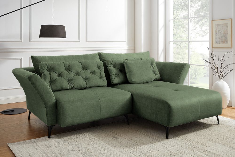 Modernes Ecksofa MARRAKESCH 265cm grün Samt 3-Sitzer inkl. Kissen Ottomane rechts