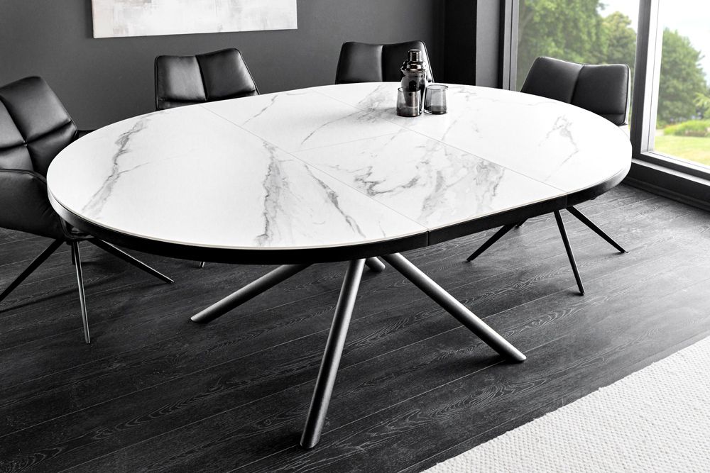 Ausziehbarer Esstisch MIKADO 120-160cm weiß Keramik oval schwarz Sterngestell