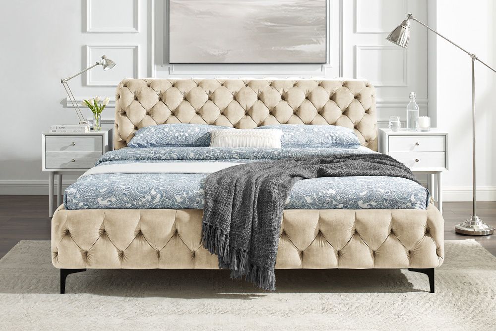 Design Bett MODERN BAROCK 180x200cm champagner Samt Chesterfield Doppelbett