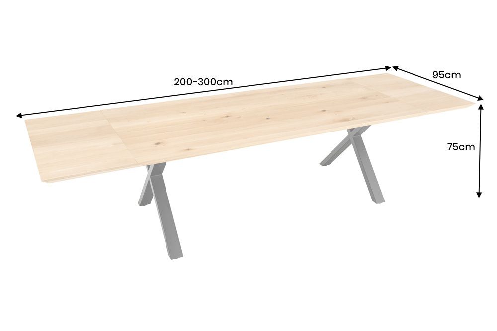 Verlängerbarer Esstisch WILD OAK 200-300cm natur Wildeiche Schweizer Kante X-Gestell