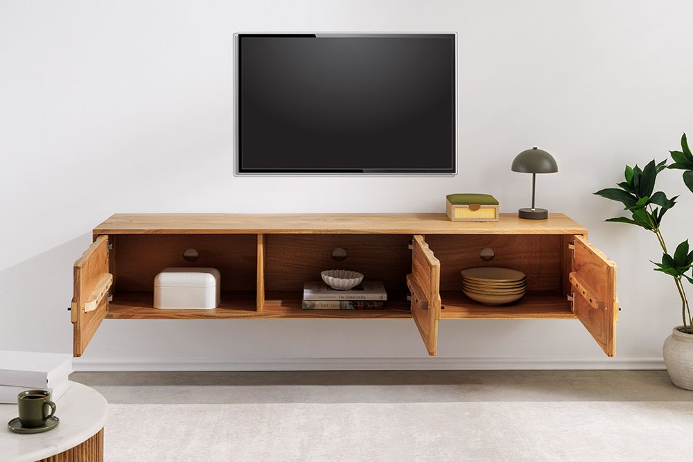 Hängendes TV-Board MYSTIC LIVING 160cm Akazie natur 3D Oberfläche Massivholz