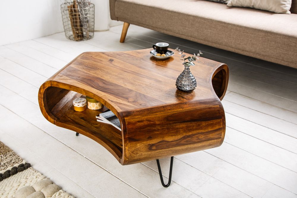 Retro Couchtisch ORGANIC LIVING 90cm braun Sheesham Massivholz stone finish Stauraum