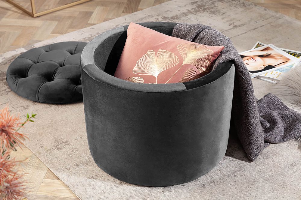 Runder Hocker MODERN BAROCK 50cm grau Samt mit Stauraum