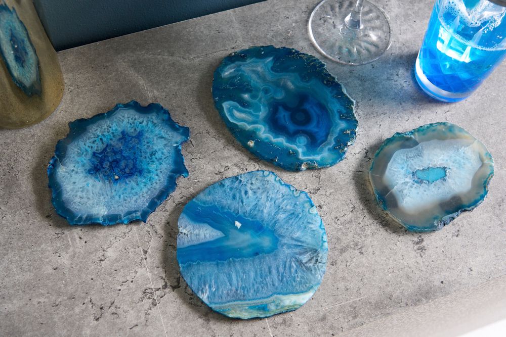 4er Set Untersetzer für Gläser COASTER 10cm blau Edelstein Achat Quarz handmade