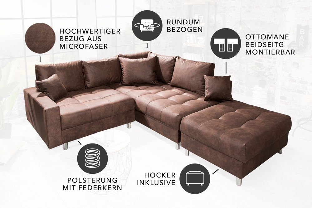 Modernes Ecksofa KENT 220cm braun Federkern Wohnlandschaft inkl. Hocker und Kissen