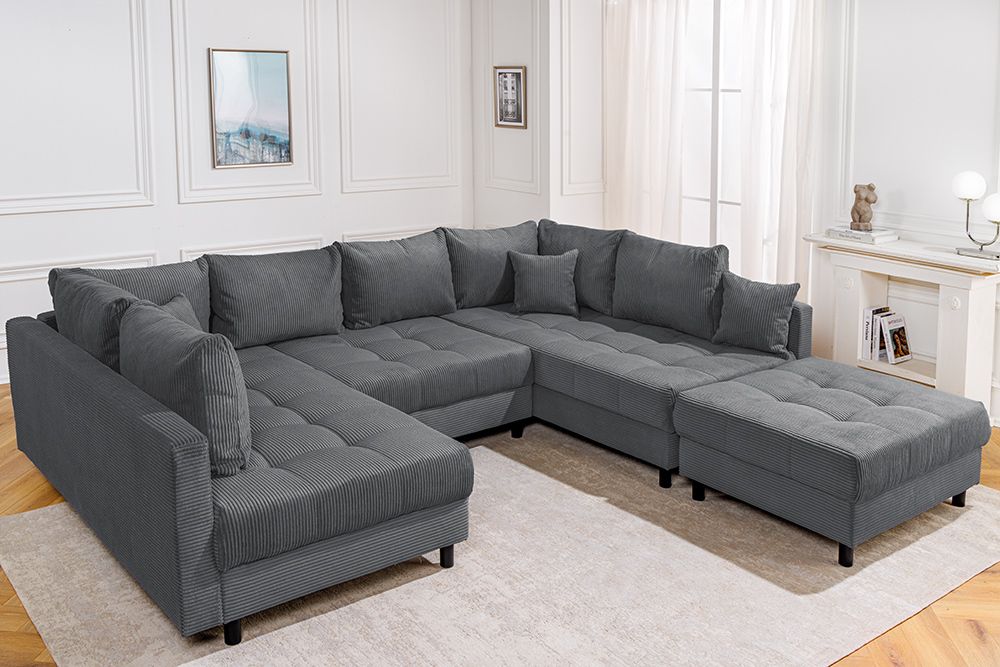 Moderne XXL Wohnlandschaft KENT 305cm anthrazit Cord Bigsofa inkl. Hocker Federkern