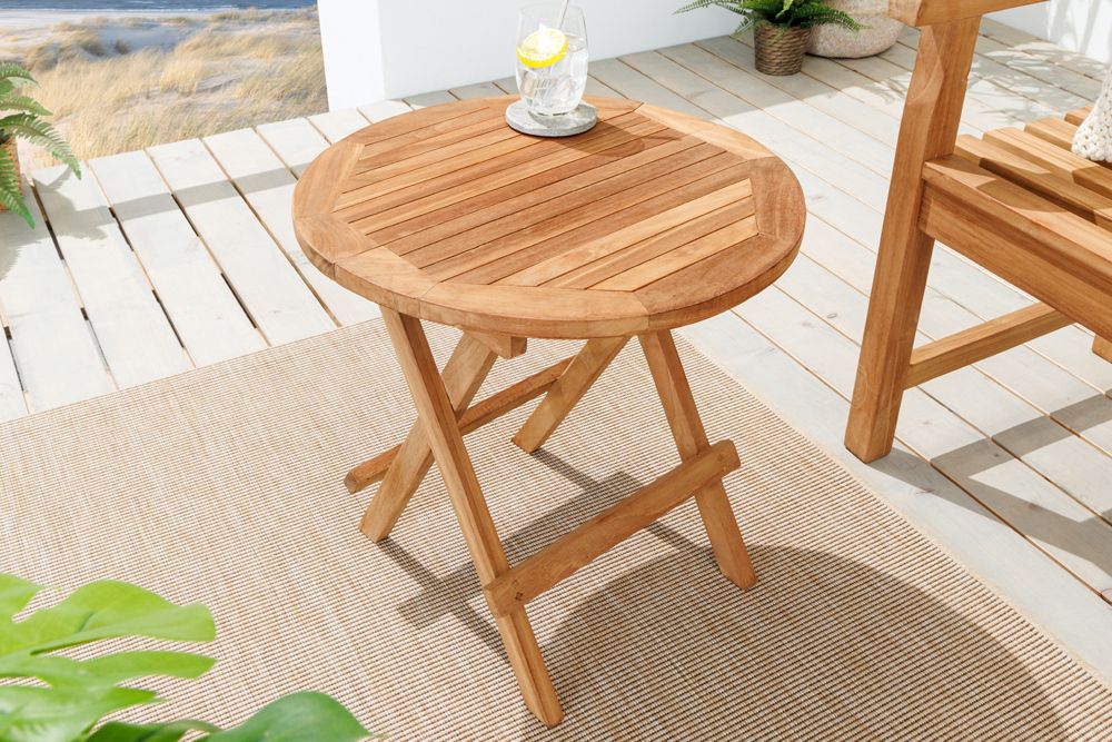 Massiver Gartenbeistelltisch EMPIRE TEAK 50cm natur Teakholz klappbar rund Outdoor
