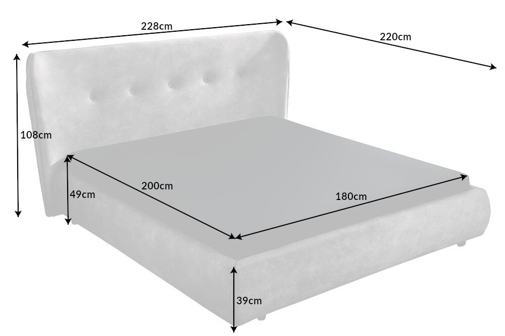 Retro Doppelbett FLORENZ 180x200cm grau Samt Polsterbett Kingsize