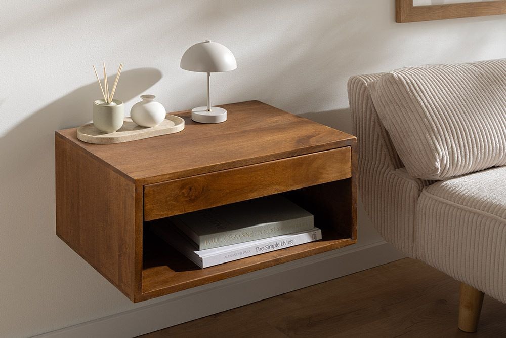 Hängender Nachttisch PURE 50cm braun Mangoholz honey finish Wandregal Schublade