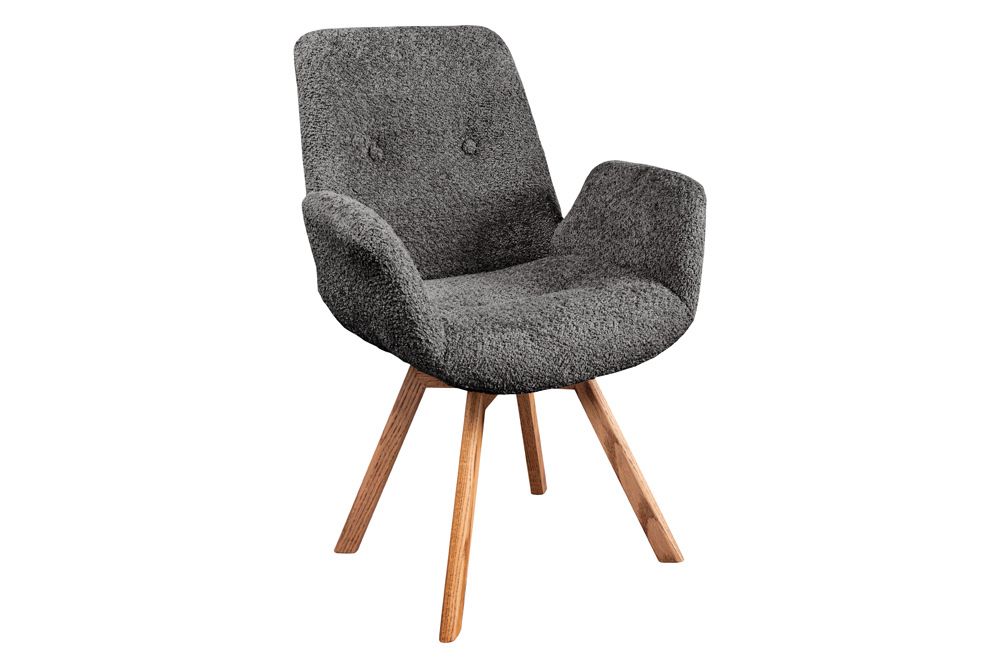 Drehbarer Design Stuhl BALTIC dunkelgrau Bouclé natur Eiche Massivholz mit Armlehne