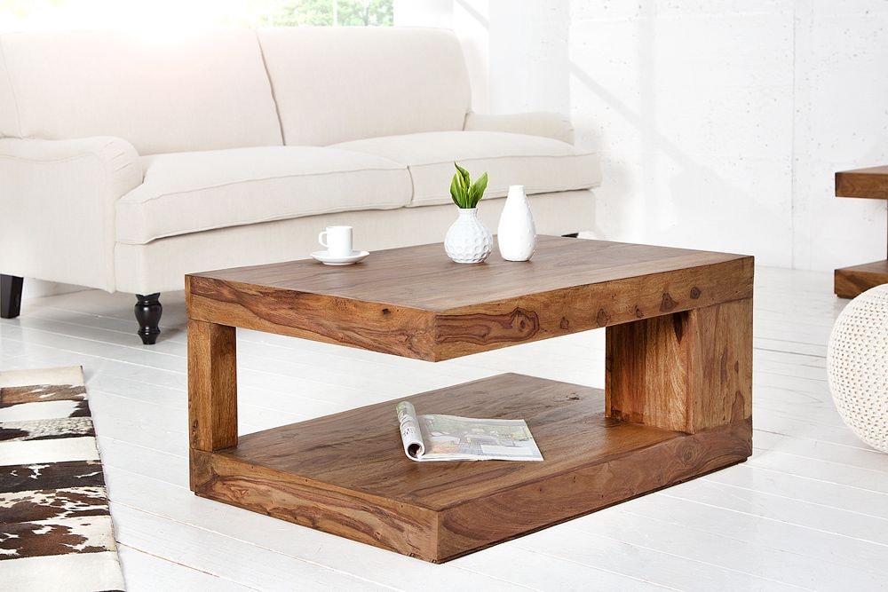 Massiver Edelholz Couchtisch GIANT L 90cm braun Sheesham stone finish mit Ablage